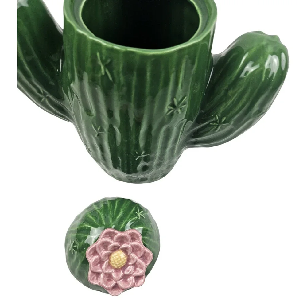 Green Ceramic Cactus Cookie Jar Pink Flower Lid Saguaro Desert Kitchen Decor